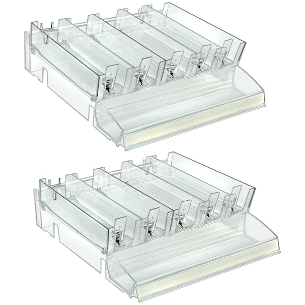 Adjustable Tall Divider Bin Cosmetic Tray with Tester on Front and Spring Pushers, Clear, 2-Pack